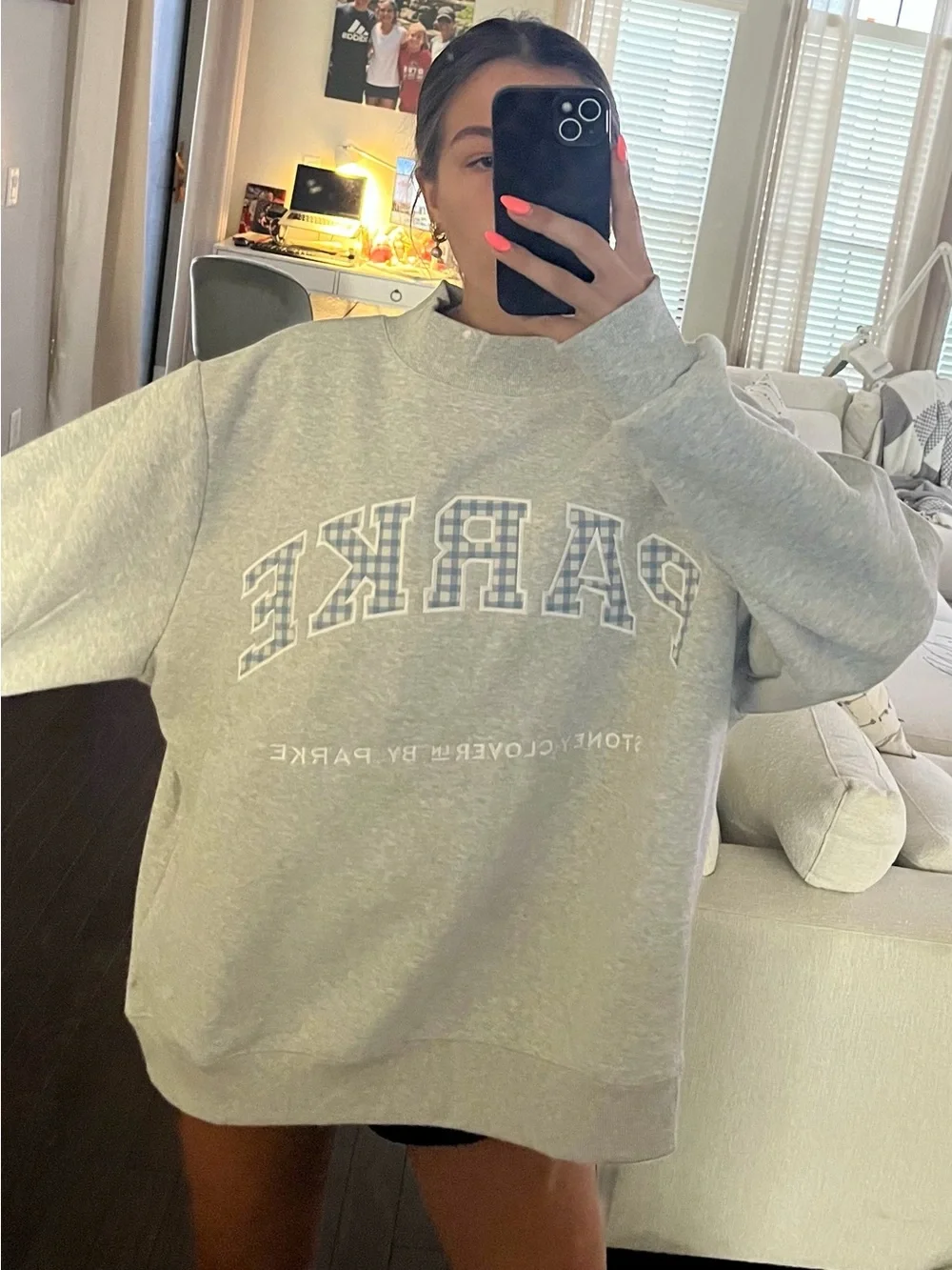 Stoney Clover Lane x Parker Blue Plaid Logo Sweatshirt XXL - Picture 2 of 4